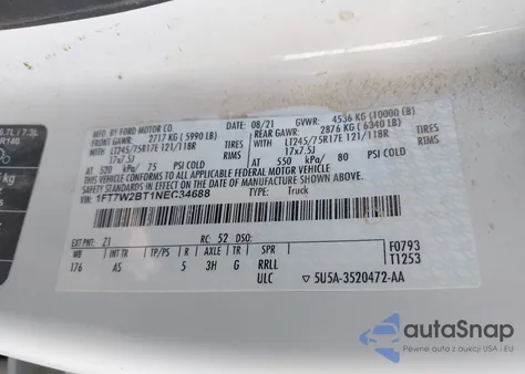 2022 Ford F250 Super Duty z USA, uszkodzony, nr VIN 1FT7W2BT1NEC34688